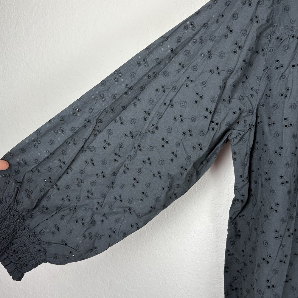 Natural Life XL Eyelet Blouse Gray Long Sleeve Peasant Boho Tassel Minimalist - Picture 3 of 5